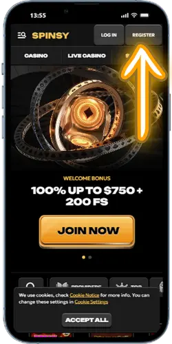 Spinsy Casino register button